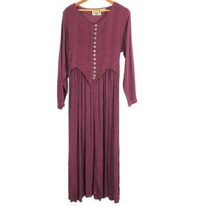 Vtg 24 Karat Maxi Dress Large Embroidered Boho Button Front Long Sleeve Rayon